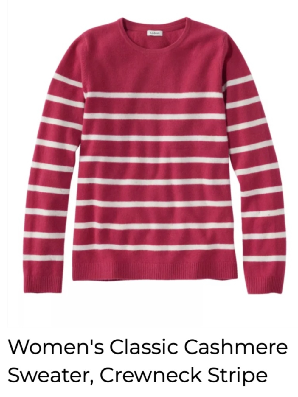 LL Bean Women's Classic Cashmere Sweater Crewneck Stripe Raspberry/Cream Sz XLP